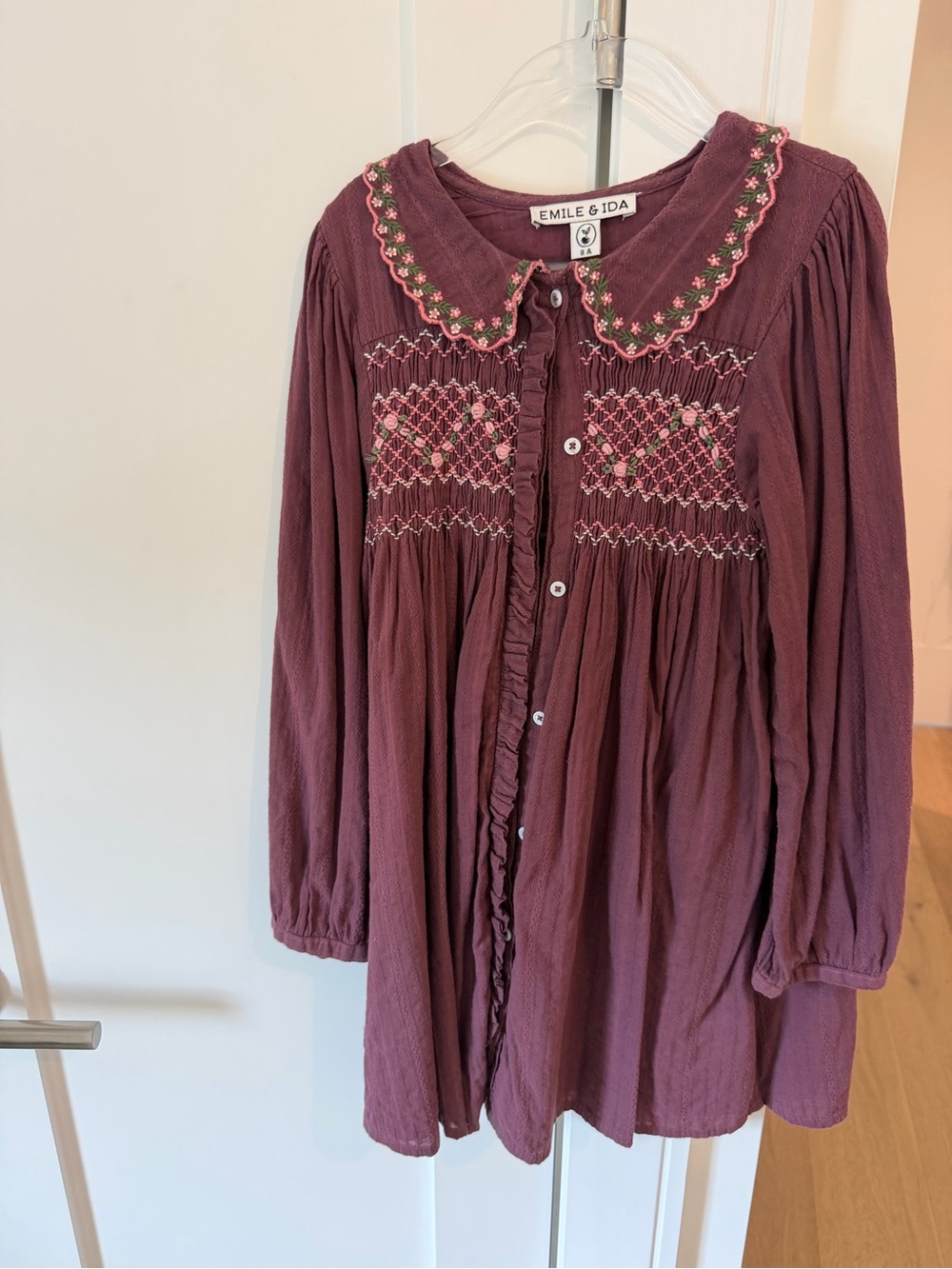 Emile et Ida Burgundy Smocked Floral Dress 8Y